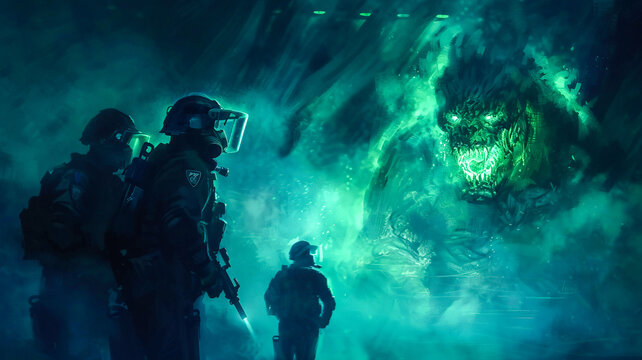 Fantasy scene police against monster at night in city .