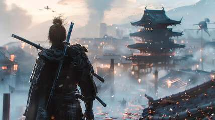 Naklejka premium Silhouette of samurai against a beautiful fantasy scene .