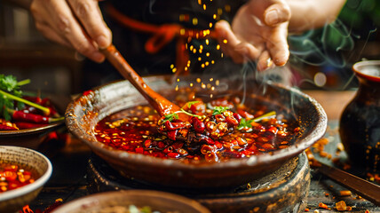 Chef prepare a secret sauce at restaurant .