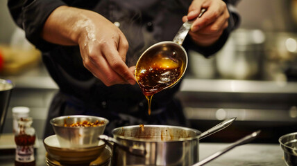 Fototapeta na wymiar Chef prepare a secret sauce at restaurant .