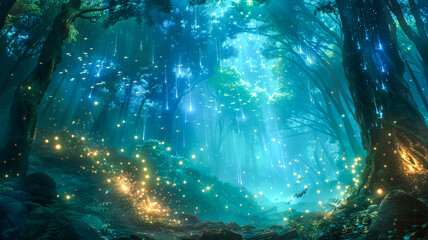 Dreamy forest with beautiful light from star .