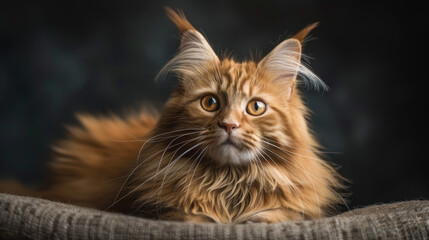 Fototapeta premium A cat with long fur and a yellowish-orange color is sitting on a couch