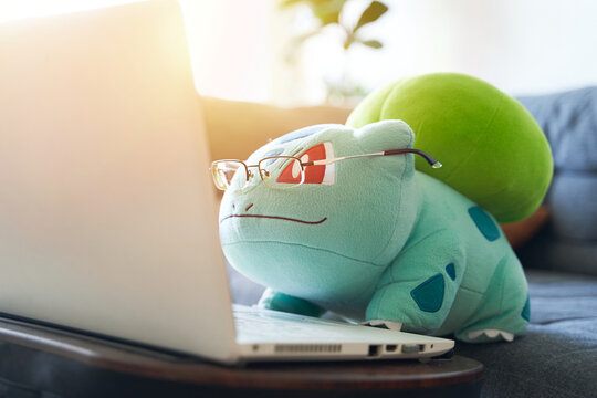 Bulbasaur with glasses working on laptop