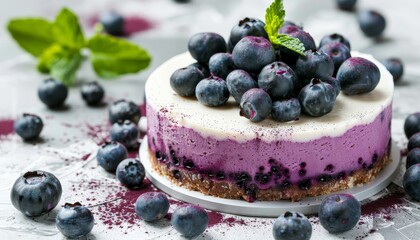 Selective focus on white background with fresh blueberry topping for baked cheesecake