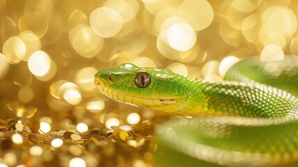 Fototapeta premium green snake on a background of gold sequins with space for text.
