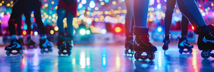 Dynamic roller skating moment at a beautifully lit and colorful rink, expressing joy and recreational fun