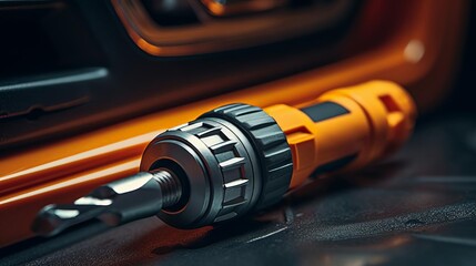 An industrial-grade power screwdriver lies on a black rubber mat. The screwdriver is orange and black, with a textured grip. The bit is extended and ready for use.