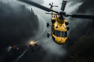 A dramatic rescue is underway as a yellow helicopter hovers above a raging river - obrazy, fototapety, plakaty