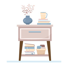 Flat nightstand concept with vase and tea or coffee mug. Interior items of cozy modern midcentury design with books and basket on bedside table. Vector cartoon illustration with home decor elements