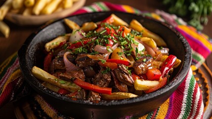 A dish of perun Lomo saltado with French fries is served on the table with a Peruvian towel.