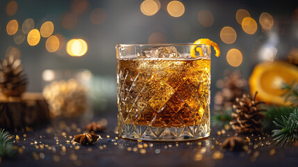   A close-up shot of an orange slice resting atop ice in a glass, positioned against a festive Christmas table backdrop adorned with lights
