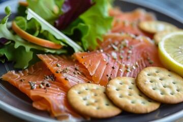 Smoked salmon with crackers lemon and salad in close up view