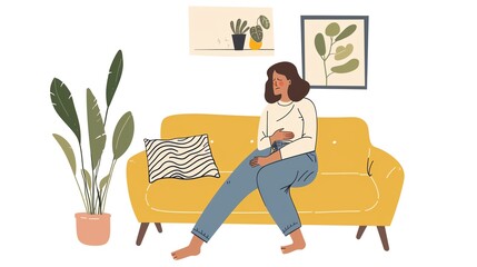 illustration of young woman with pain in stomach is sitting on couch at home.