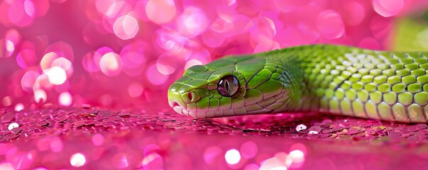 Obraz premium green snake on a background of pink sequins with space for text.