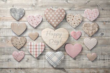 Obraz premium A postcard, a banner for Mother's Day with pink flowers, hearts on a vintage gray wooden background.