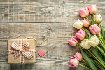 Fototapeta premium A postcard, a banner for Mother's Day with pink flowers, hearts on a vintage gray wooden background.