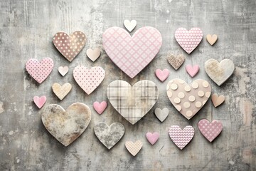 Obraz premium A postcard, a banner for Mother's Day with pink flowers, hearts on a vintage gray wooden background.