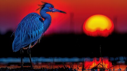 Naklejka premium A majestic blue bird perched atop shimmering water, bathed in the golden light of a blazing red and yellow sun