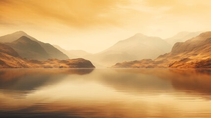 Fototapeta premium The sun is casting a golden glow as it sets over a tranquil lake surrounded by trees, creating a serene natural landscape with a calm horizon