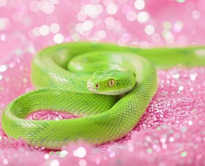 Obraz premium green snake on a background of pink sequins with space for text.