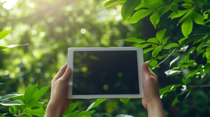 Touch screen tablet in hands in front of nature green background hyper realistic 