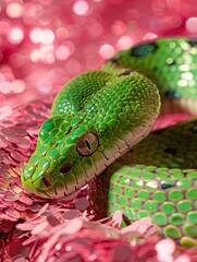 Fototapeta premium green snake on a background of pink sequins with space for text.