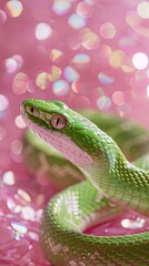 Obraz premium green snake on a background of pink sequins with space for text.