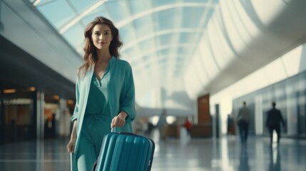 Traveling woman in casual dress and suitcase at airport hall. Vacation concept