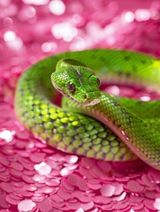 Obraz premium green snake on a background of pink sequins with space for text.