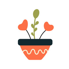 A cute heart shaped flower in an orange pot, clip art style, simple vector illustration with white background and bold lines, flat colors, simple details, minimalist design, flat design