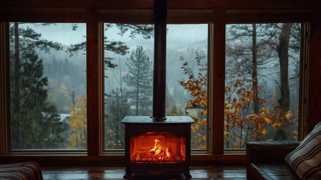 living room with fireplace, cozy cabin in the woods with beautiful window rainy forest view