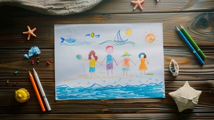 A drawing of a family on a beach with a man holding hands with two children