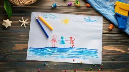 A drawing of a family on a beach with a man holding hands with two children