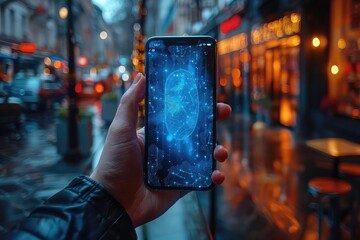 Enhance the quality of this photo to show a man holding a phone with a fingerprint scanner on the screen. Make the background blurry and add a warm filter.