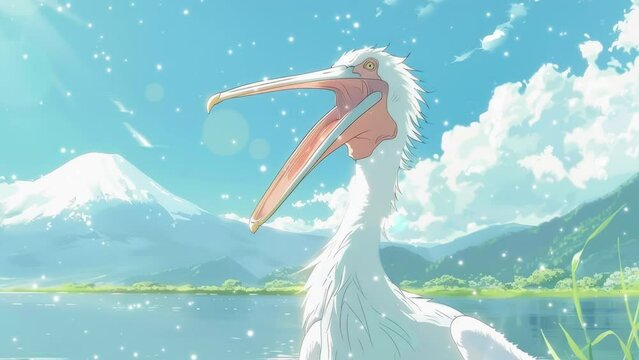 Dalmatian pelican (Pelecanus crispus) with beak wide open, Lake Kerkini, Macedonia, Greece, February 2009. anime. Animations