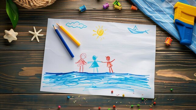 A drawing of a family on a beach with a man holding hands with two children