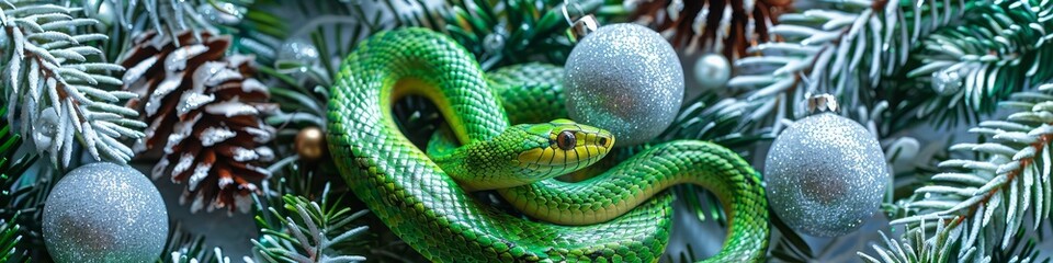Fototapeta premium green snake on a background of silver sequins and branches of fir trees.