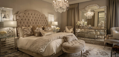 A luxury master bedroom with a glamorous touch, featuring a large upholstered headboard, mirrored furniture pieces, and a dramatic crystal chandelier. The room is designed with rich textures