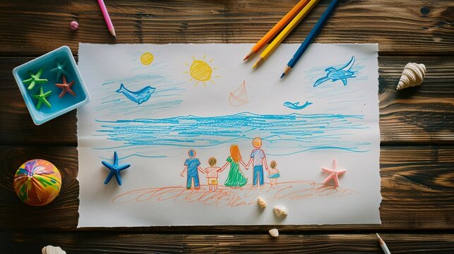 A drawing of a family on a beach with a man holding hands with two children