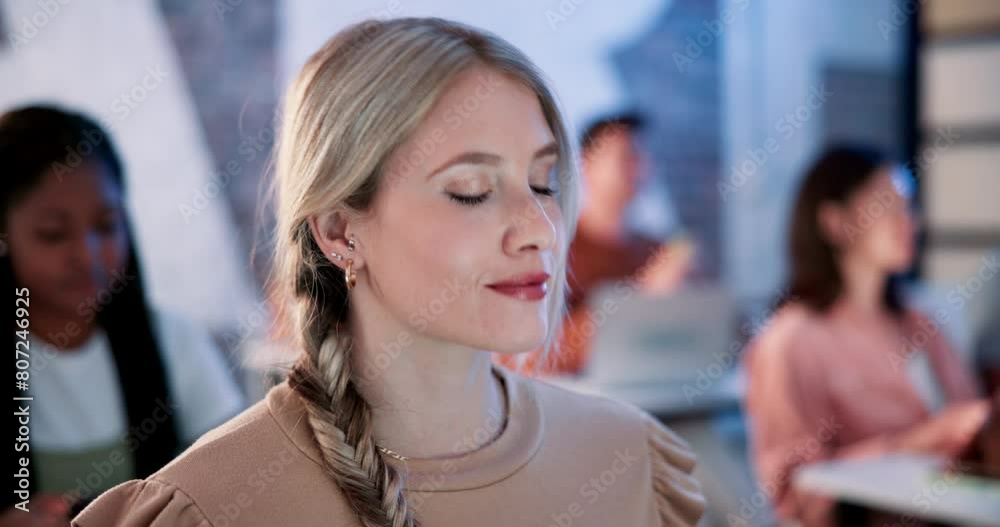 Poster Girl, thinking and question in college class, lecture and confused with info, knowledge or learning. Student, face and attention at university, academy and listening to education seminar on campus