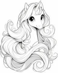 Black and white illustration for coloring animals, unicorn.