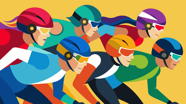 A blur of colorful jerseys and helmets as skaters jostle for position in a tightly contested inline skating marathon.. Vector illustration
