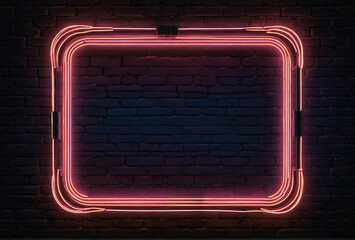 black brick wall background with neon frame with copy space and text area