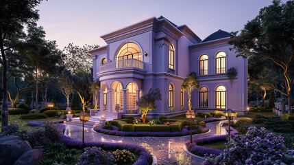 A luxury villa rendered in 3D with a soft lavender exterior, standing out for its unique...