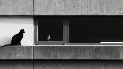   Cat sitting on building ledge, looking at bird - Powered by Adobe