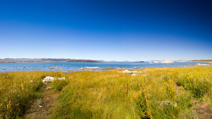 panoramic view over the Mono Lake in California, with rocks rise out of the water