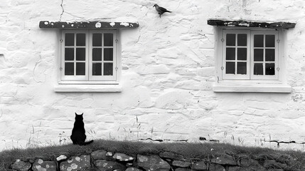   A black cat sits in front of a white building with two windows and a bird perched on the sill - Powered by Adobe