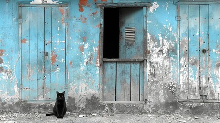   A black cat in front of a dilapidated blue building with peeling walls and shutters - Powered by Adobe