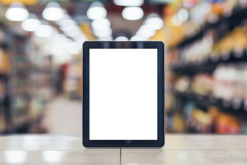Digital tablet with empty screen on supermarket