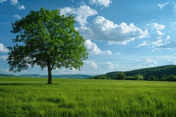 Serene Summer Greenery Landscape with Trees in a Lush Field and Forest Under a Blue Sky